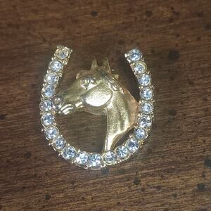 Gold Tone Rhinestone Horse Head Horseshoe Western Bolo Pendant Womens Cowgirl